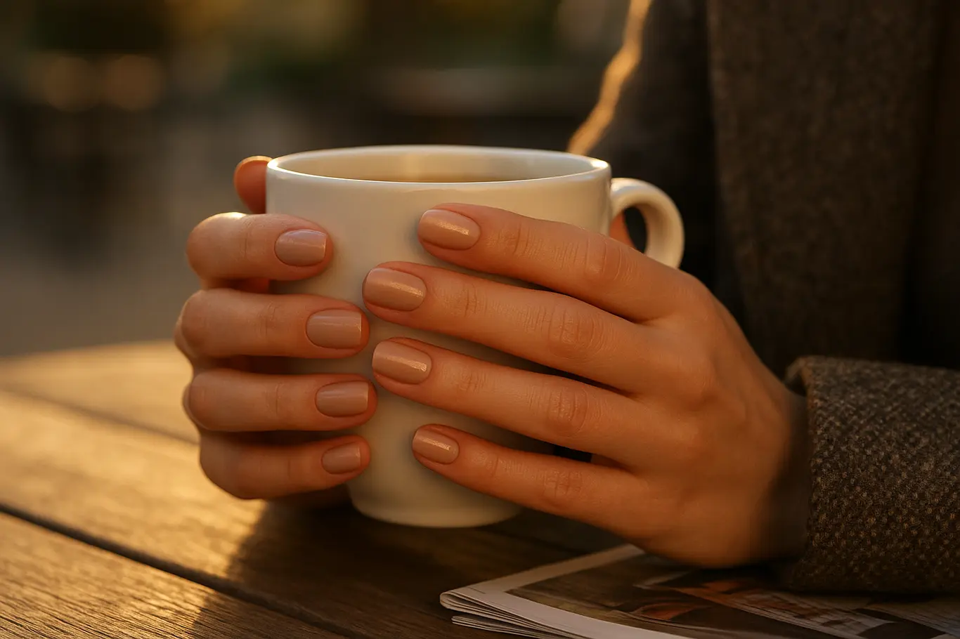Close-up levemente mais amplo de mãos com manicure neutra segurando xícara ao ar livre na hora dourada