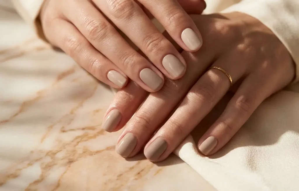 Mãos manicures com esmalte em tom neutro sobre mármore e tecido, acabamento técnico