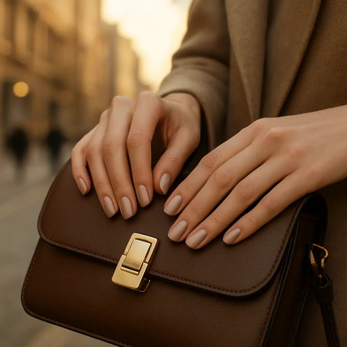 Mãos ajustando bolsa na rua ao pôr do sol, unhas em tom neutro com acabamento técnico