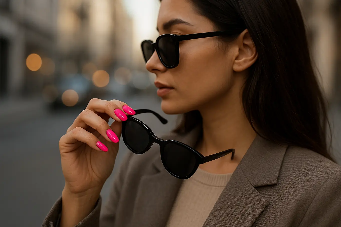 Plano médio perfil 3/4 mostrando mão com unhas pink neon segurando óculos de sol em ambiente urbano desfocado