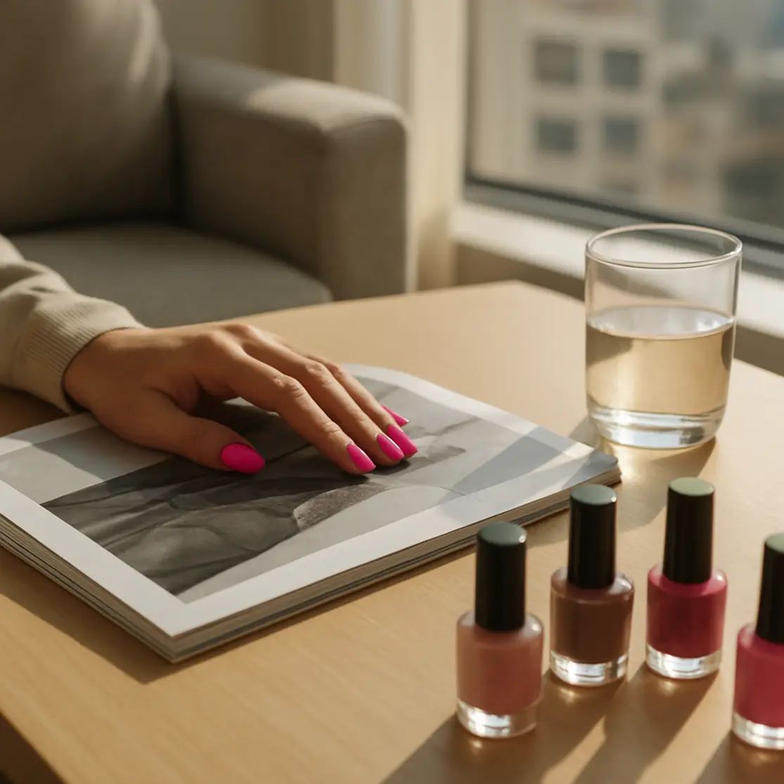 Cena ambiental em plano aberto com mãos de manicure pink neon sobre mesa de café e revista de moda