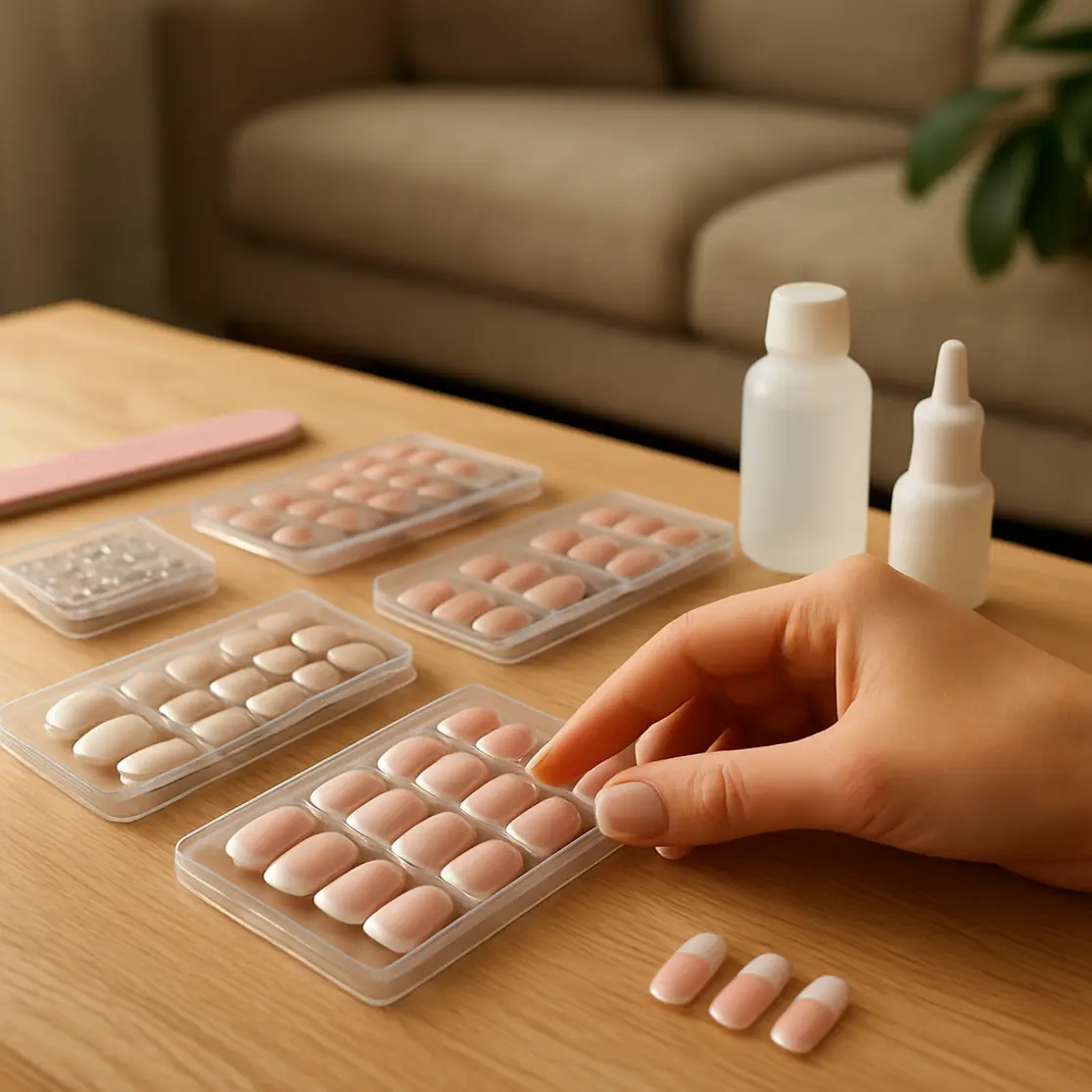 Mesa de manicure com kit de unhas postiças francesinha 2026, cartelas e ferramentas em ambiente doméstico