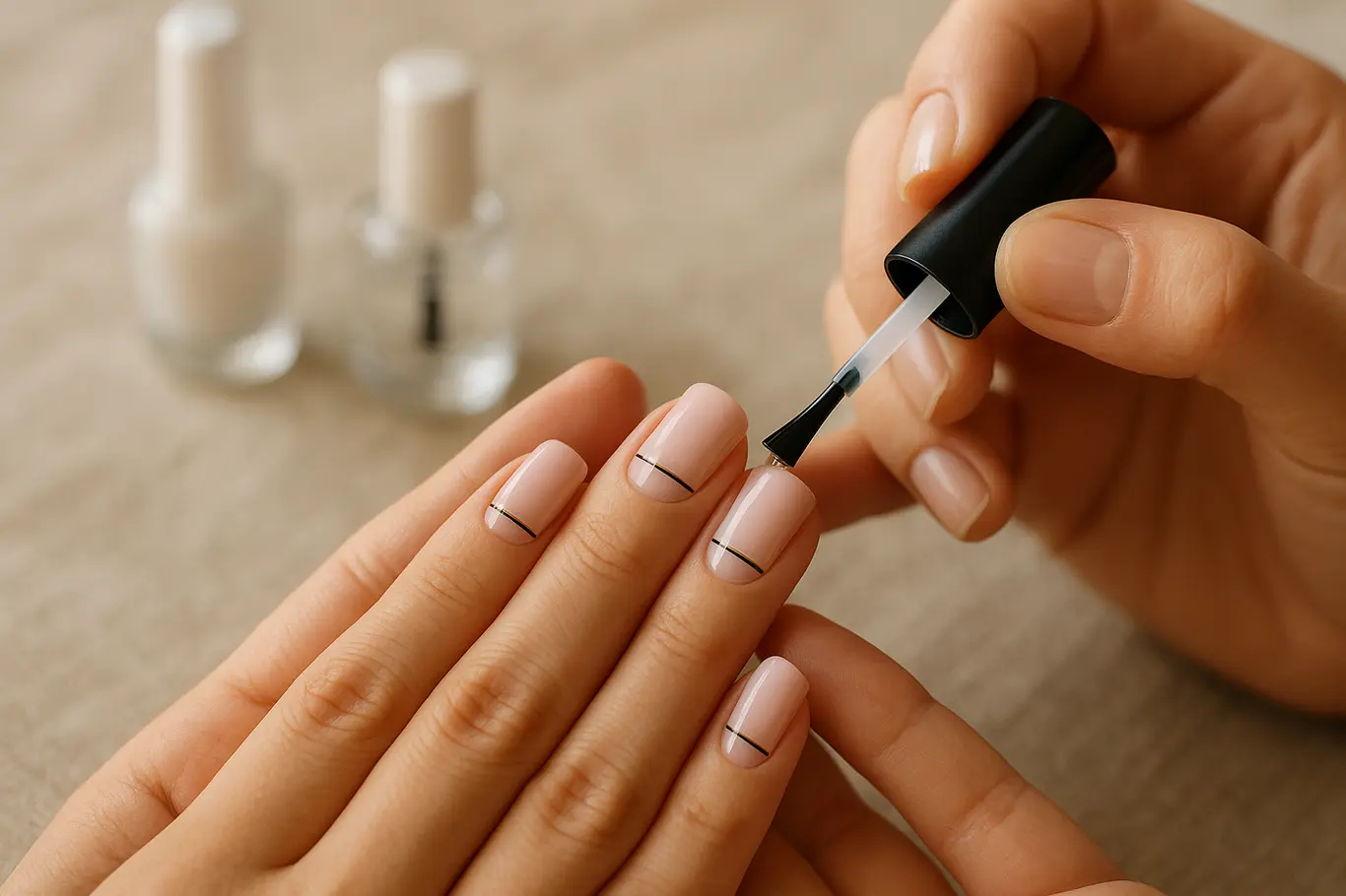 Plano médio de mãos aplicando top coat em unhas quadradas decoradas 2026, mostrando técnica e acabamento durável