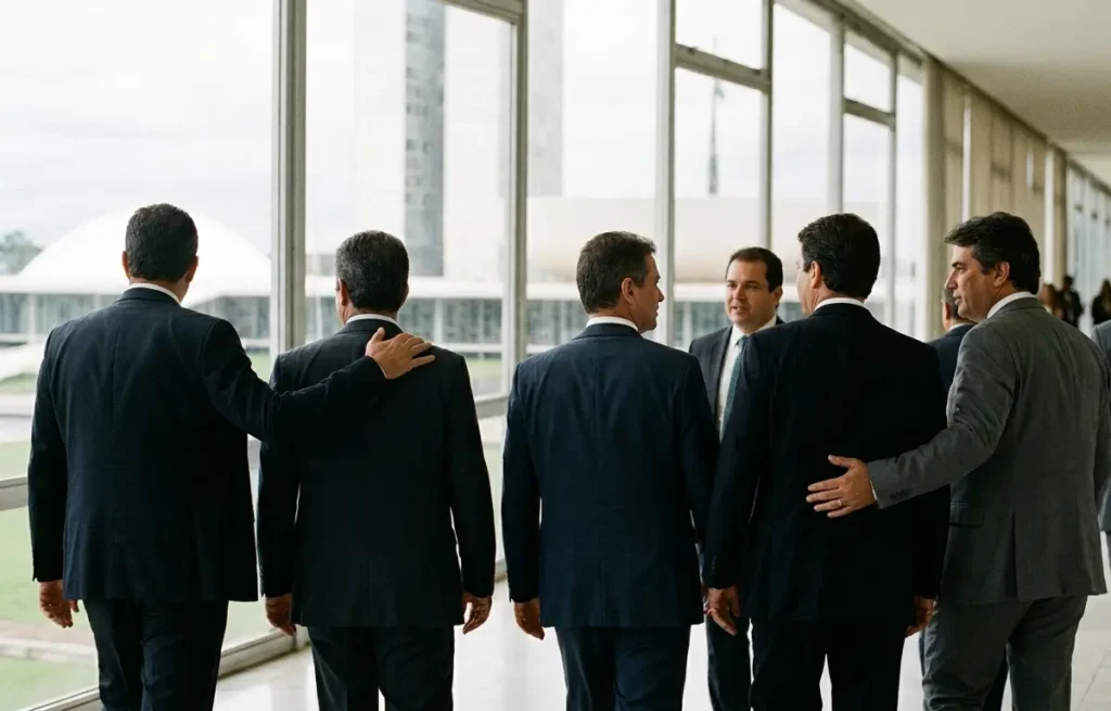 Parlamentares da bancada do DF vistos de costas caminhando juntos em corredor institucional