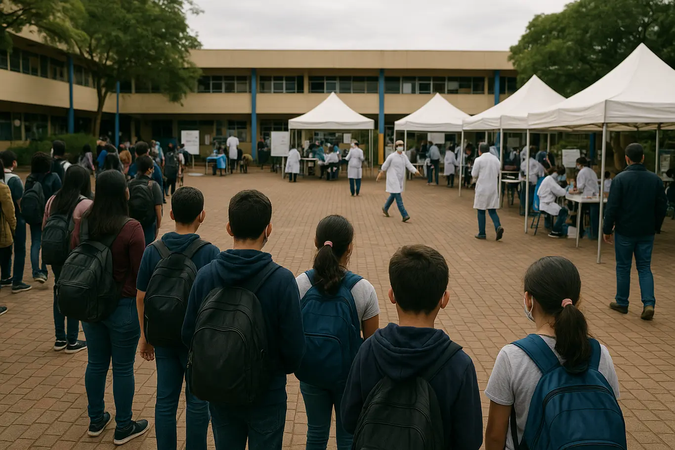 Fila de alunos de costas no pátio escolar convertido em ponto de vacinação, profissionais em movimento.