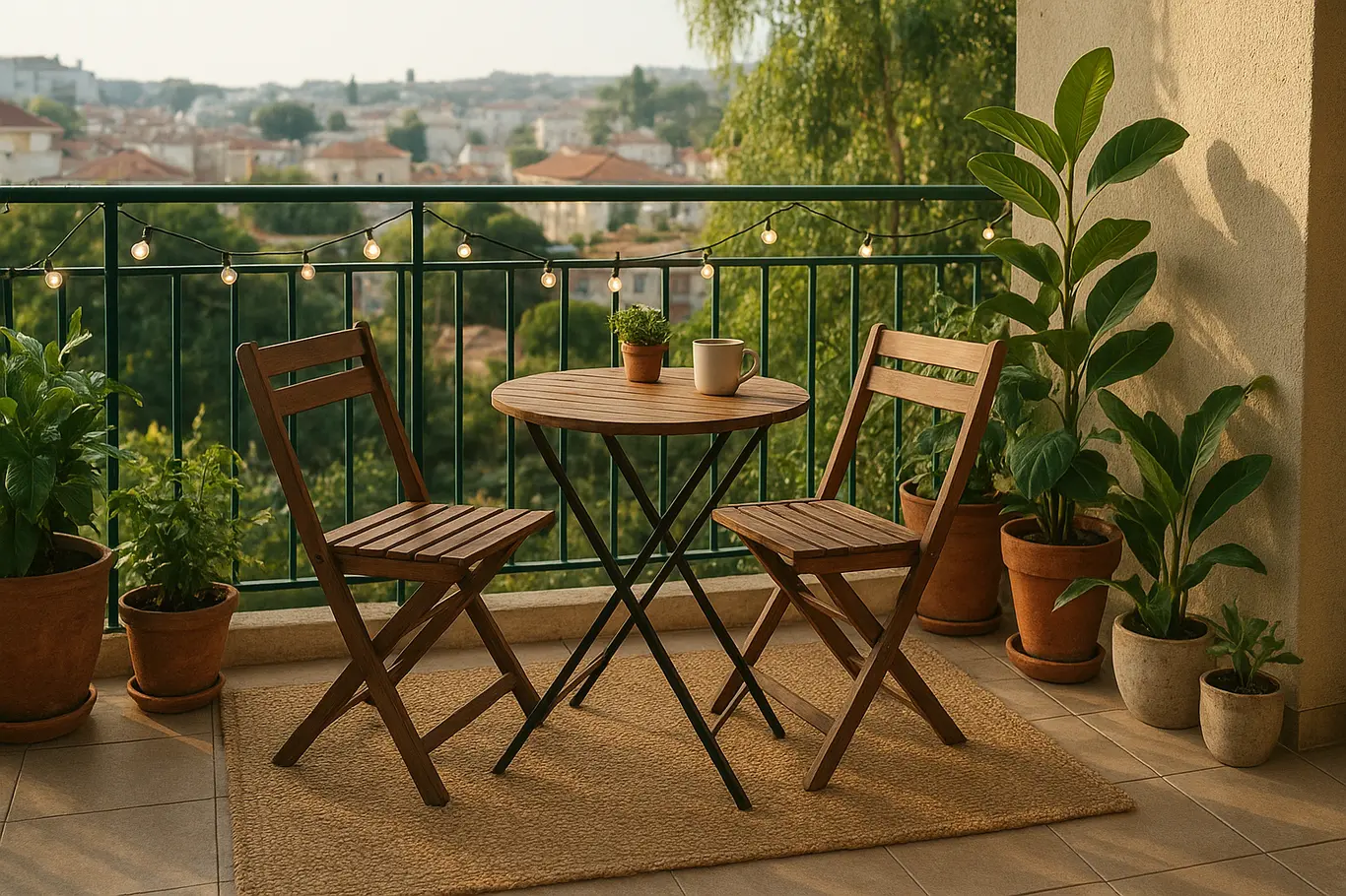 Varanda ampla com bistrô, plantas, tapete de fibras e vista urbana desfocada