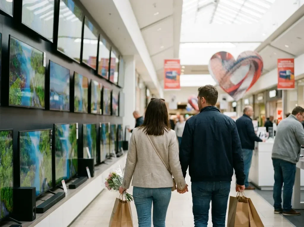 Casal de costas observa fileiras de televisores em área de eletrônicos do shopping