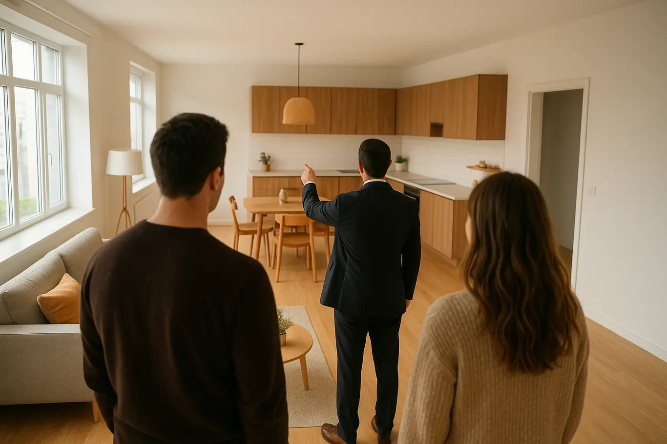 Corretor de costas apontando para cozinha em visita de imóvel, casal visto de costas