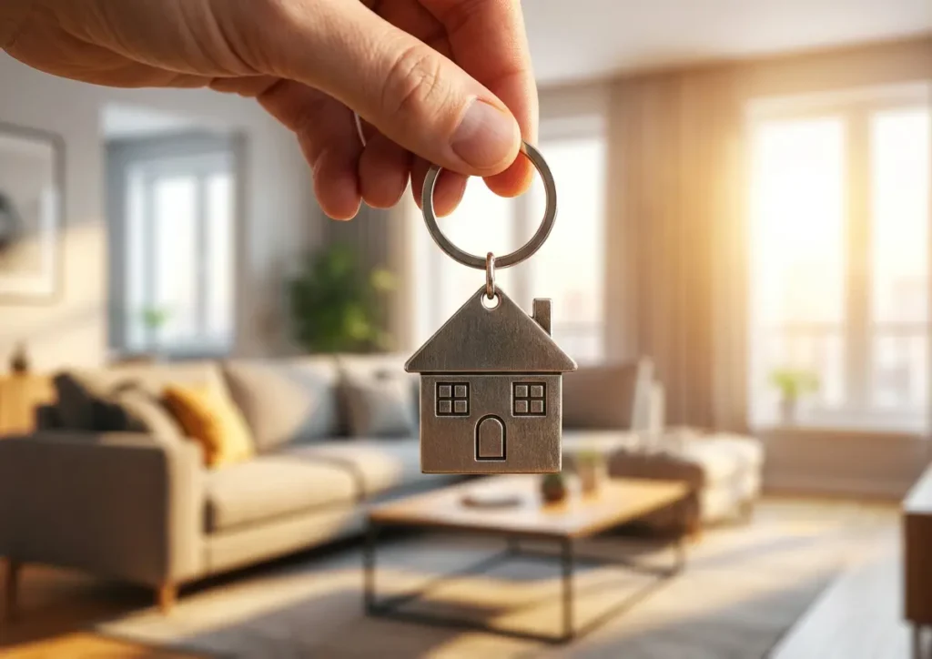 Mão segurando chave em formato de casa com sala de estar moderna desfocada ao fundo