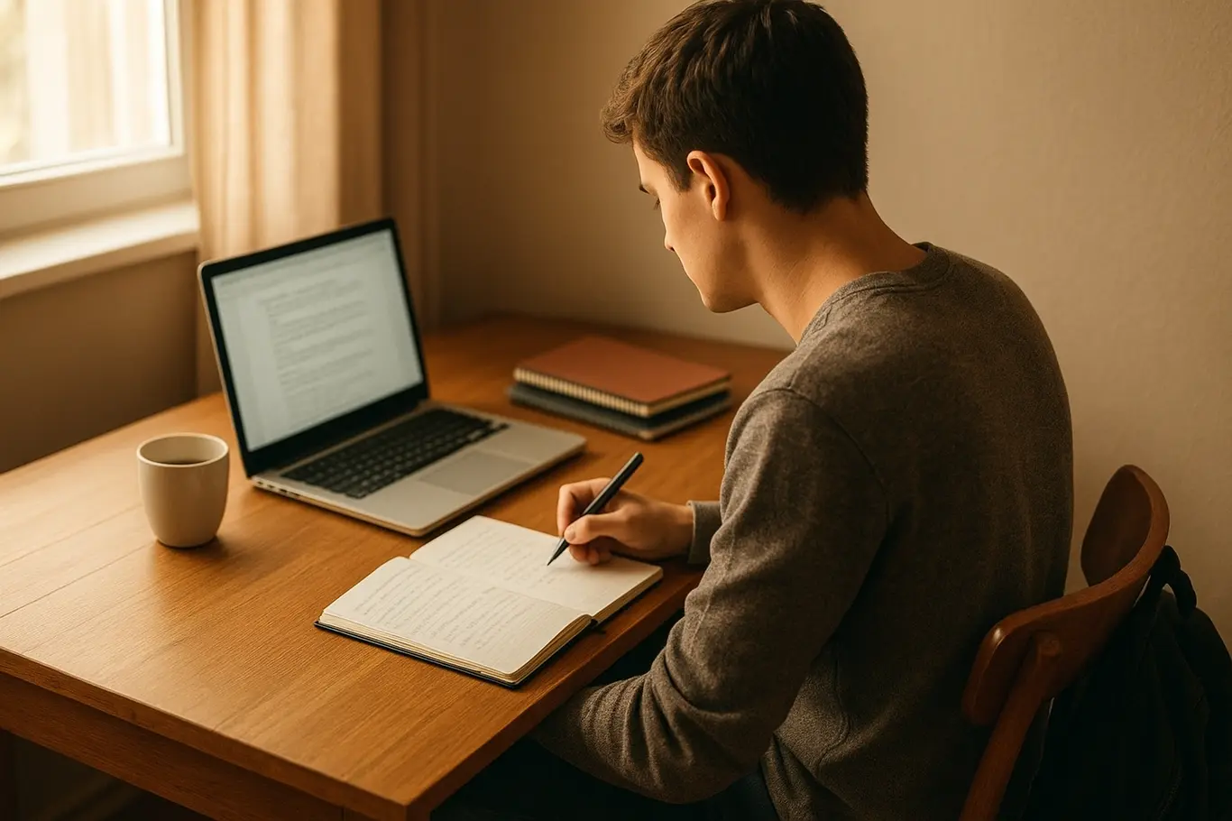 Estudante em escrivaninha com laptop e cadernos