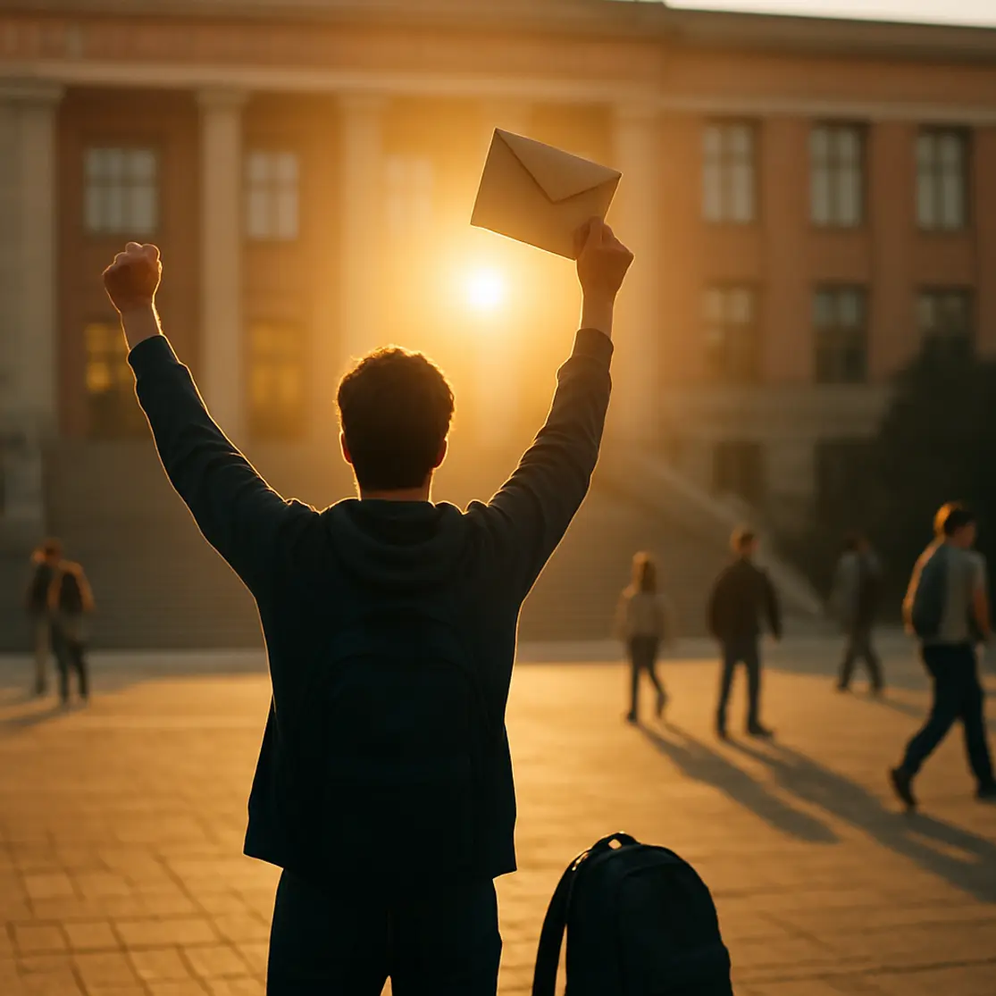 Estudante de costas comemorando na entrada da universidade