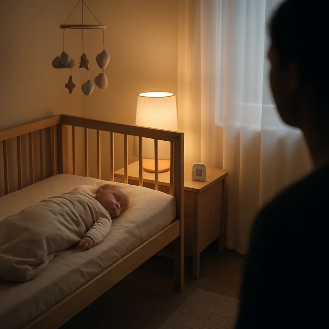 Quarto de bebê com berço e iluminação morna, bebê em perfil sob saco de dormir leve e sinais ambientais de conforto.