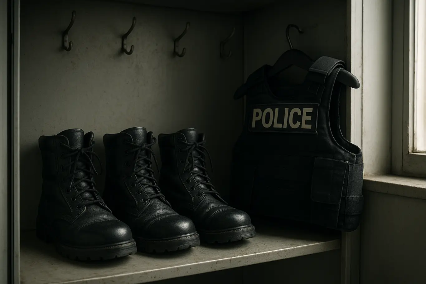 Close-up de botas policiais alinhadas em armário vazio