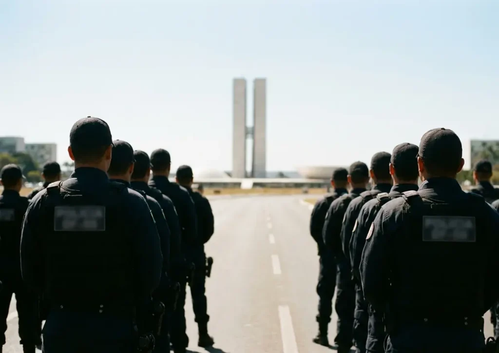 Agentes de segurança do DF de costas em formação com Congresso ao fundo