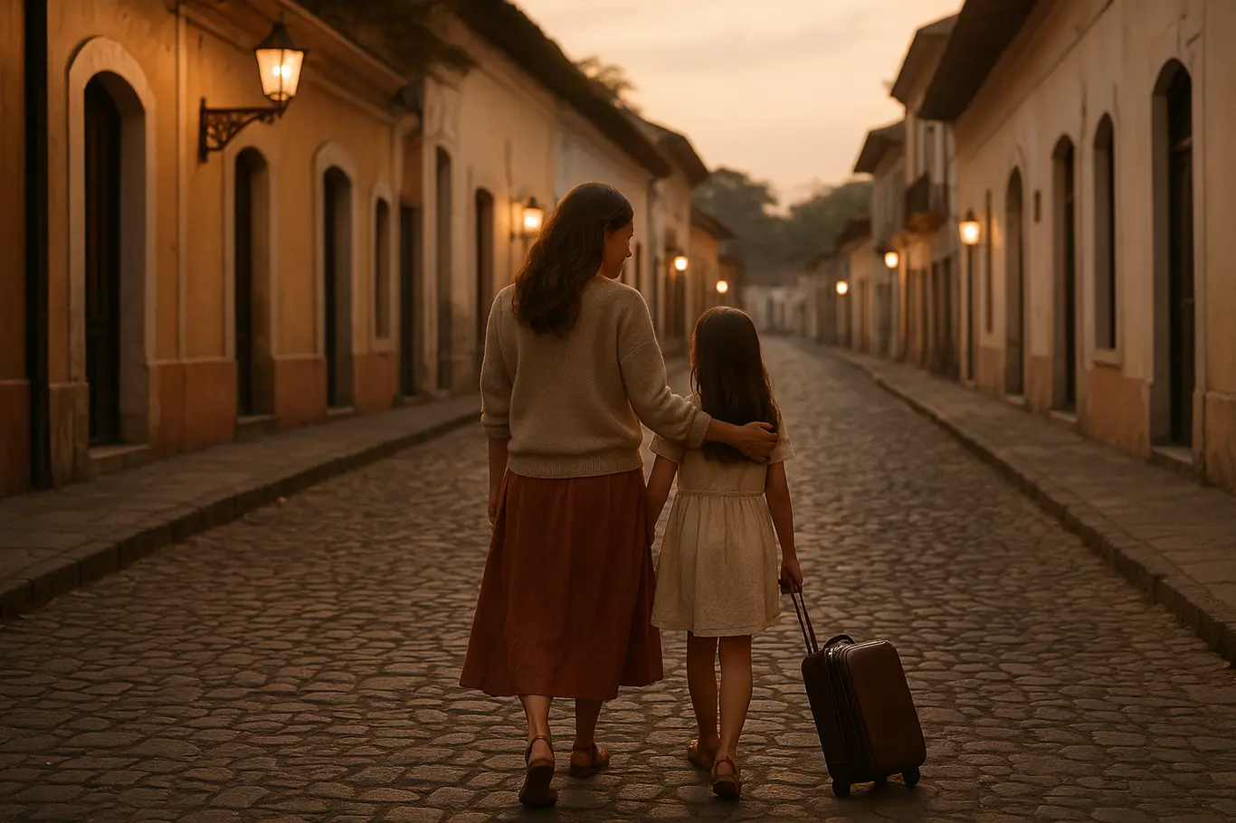 Mãe e filha de costas caminhando por rua de pedra com fachadas coloniais e lanternas ao entardecer
