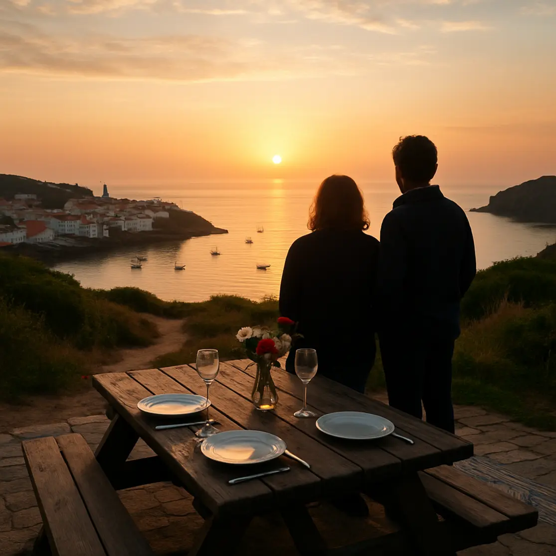 Mirante costeiro com mesa de picnic e mãe em silhueta observando a vila e o mar ao amanhecer