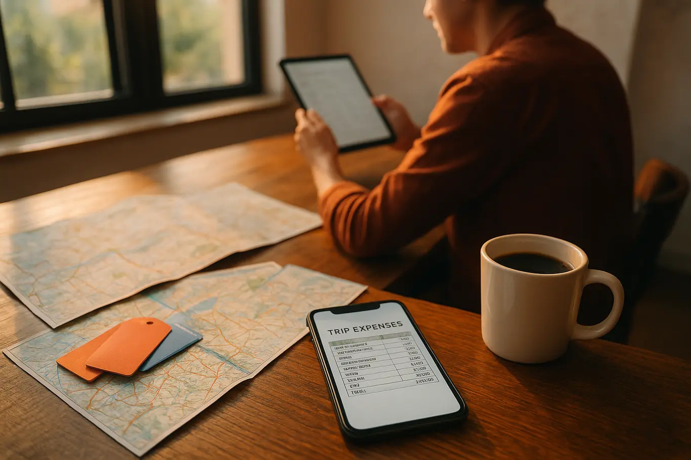 Mesa com smartphone mostrando planilha de gastos, mapas e xícara de café, pessoa ao fundo conferindo preços