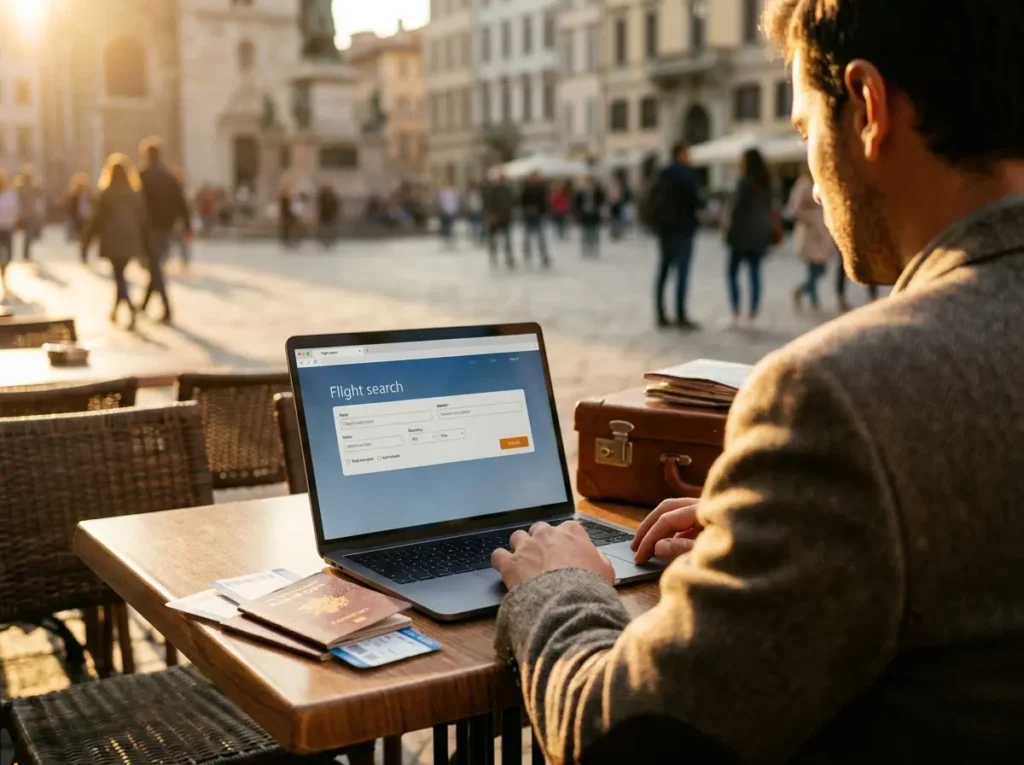 Viajante de costas consultando laptop com passaporte e mala ao lado em mesa de café, luz dourada