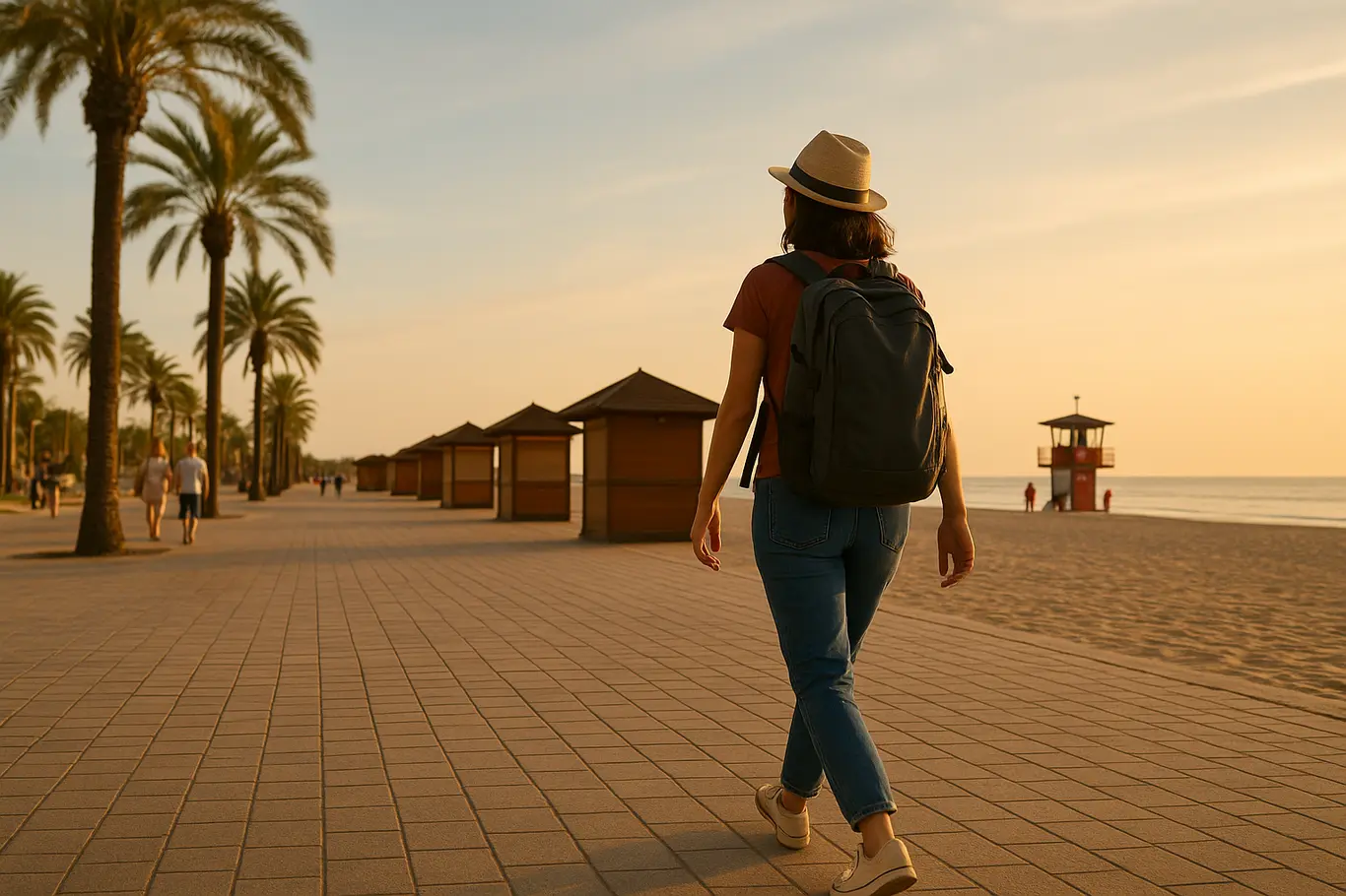 Viajante caminhando em calçadão à beira-mar, perspectiva ampla