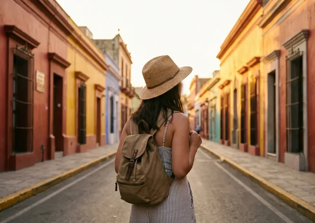 Viajante solo feminina em rua colonial ao entardecer vista em 3/4