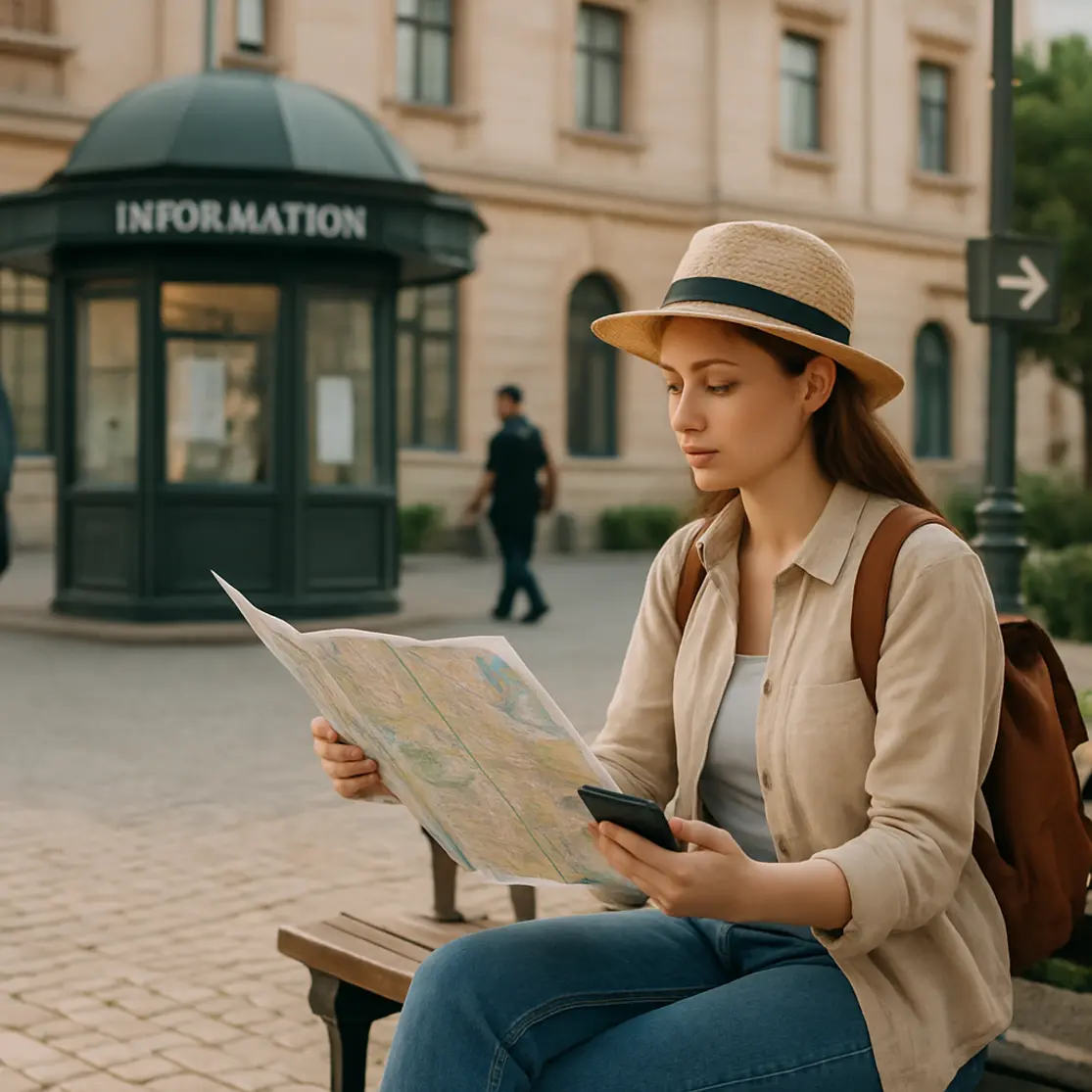 Viajante sentada em banco de praça turística, consultando mapa e smartphone