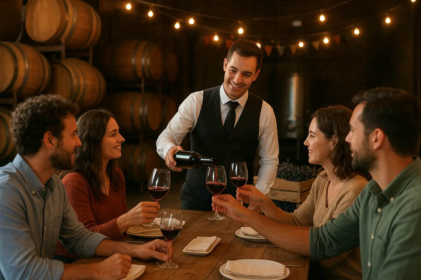 Sommelier em 3/4 servindo vinho para convidados em mesa longa na vinícola, ambiente festivo