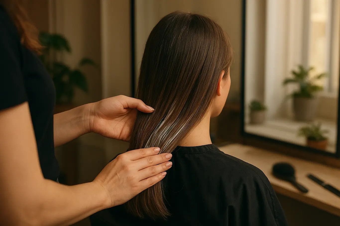 Canto de salão com mãos aplicando produto só nas pontas, evitando a raiz