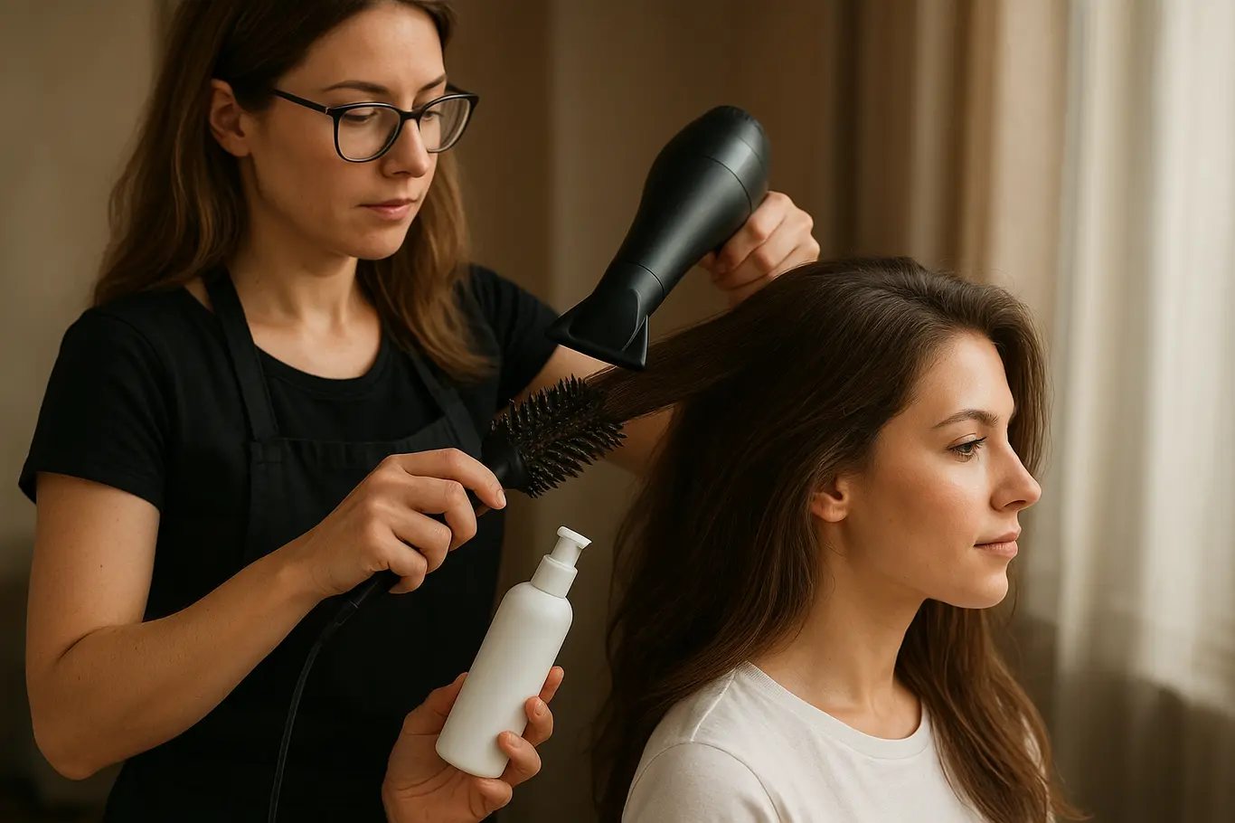 Cabeleireira aplicando técnica para volume na raiz em modelo perfil 3/4, escova e secador visíveis