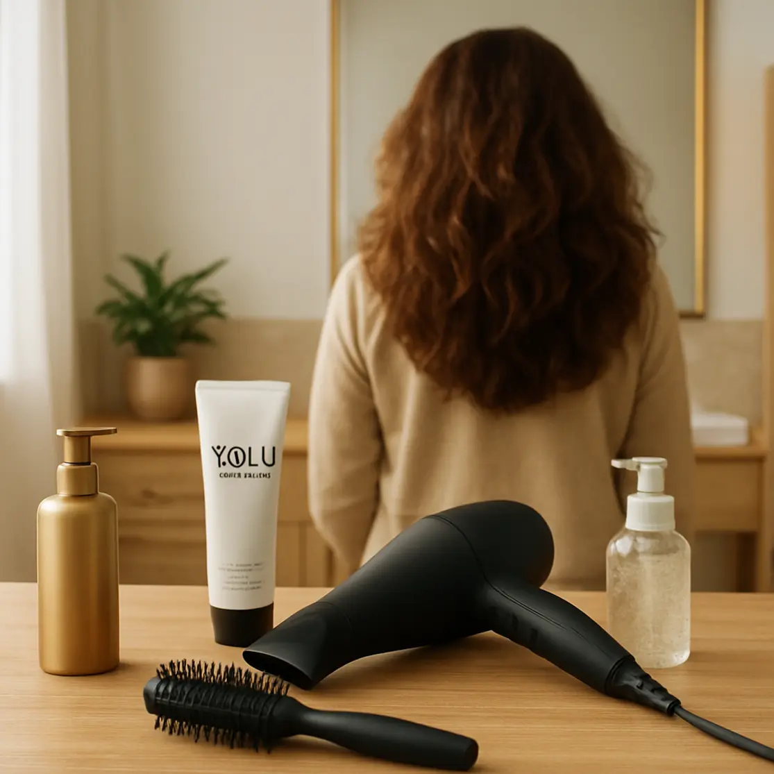 Ambiente de banheiro com produtos para volume na raiz e modelo de costas mostrando cabelo volumoso
