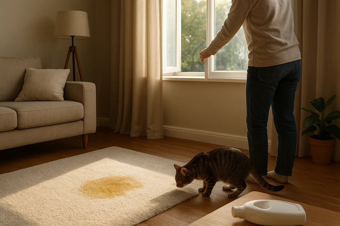 Sala com pessoa abrindo janela para ventilar, tapete com mancha úmida e gato próximo, detergente genérico sobre a mesa