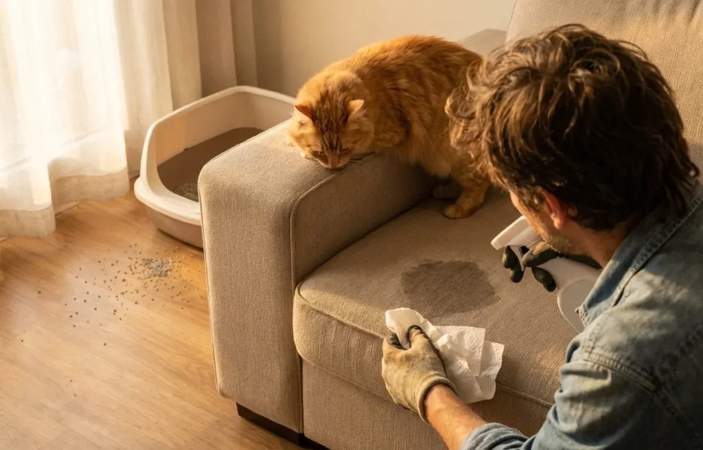 O erro que fixa o cheiro de xixi de gato em casa: por que calor e detergente pioram Pessoa de costas segurando papel toalha e garrafa genérica perto de sofá com mancha úmida e gato cheirando, luz quente entrando pela janela