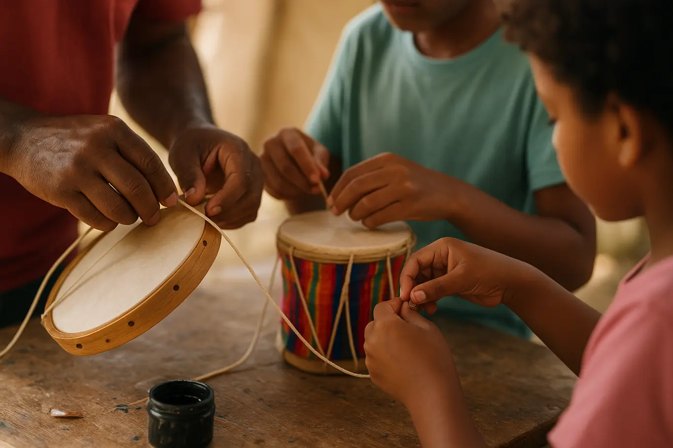 Close das mãos de crianças e instrutor montando pandeiro em oficina de percussão, materiais e tintas à vista