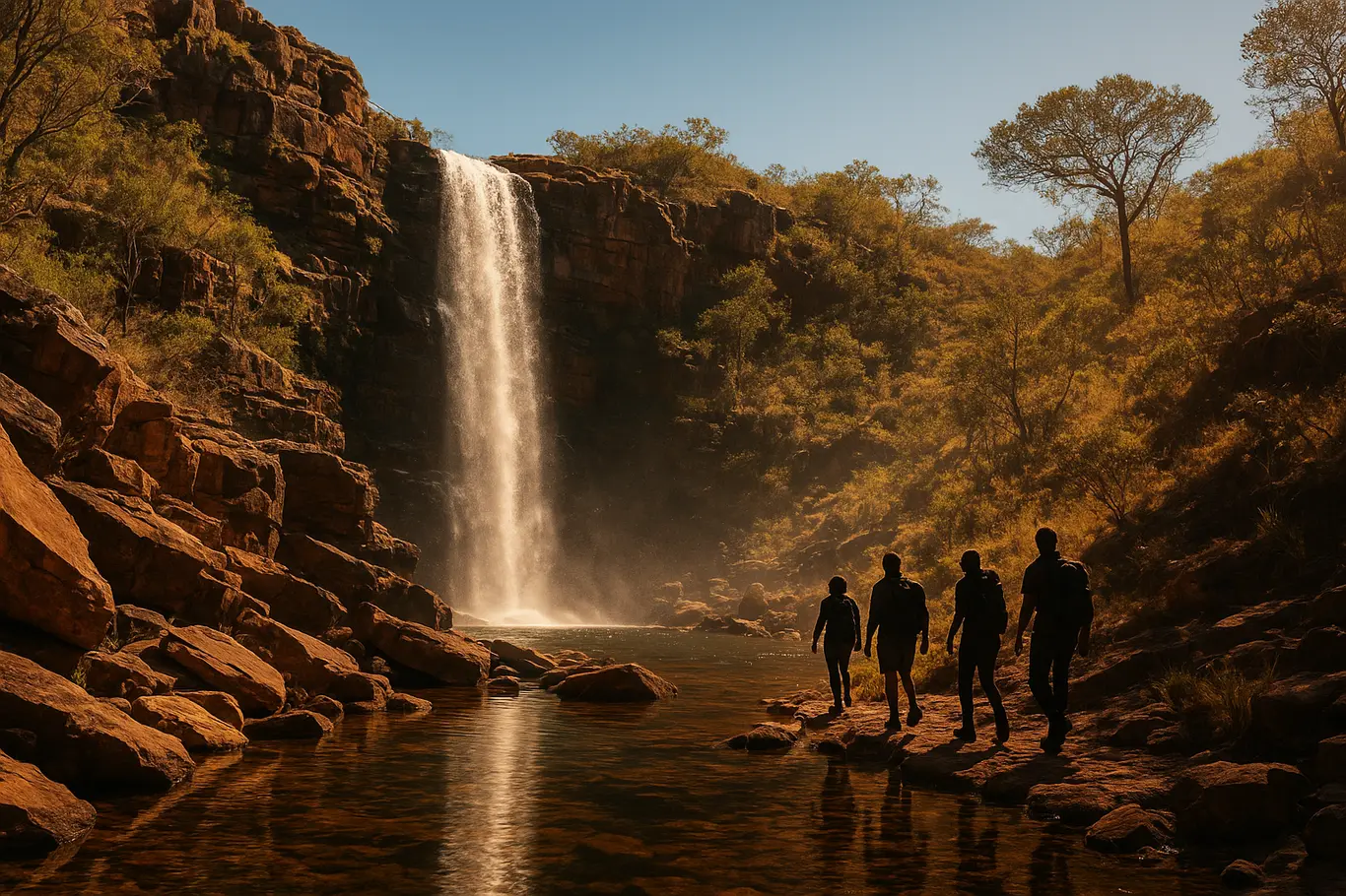 Cachoeira da Chapada dos Veadeiros com trilheiros na margem em perspectiva ampla