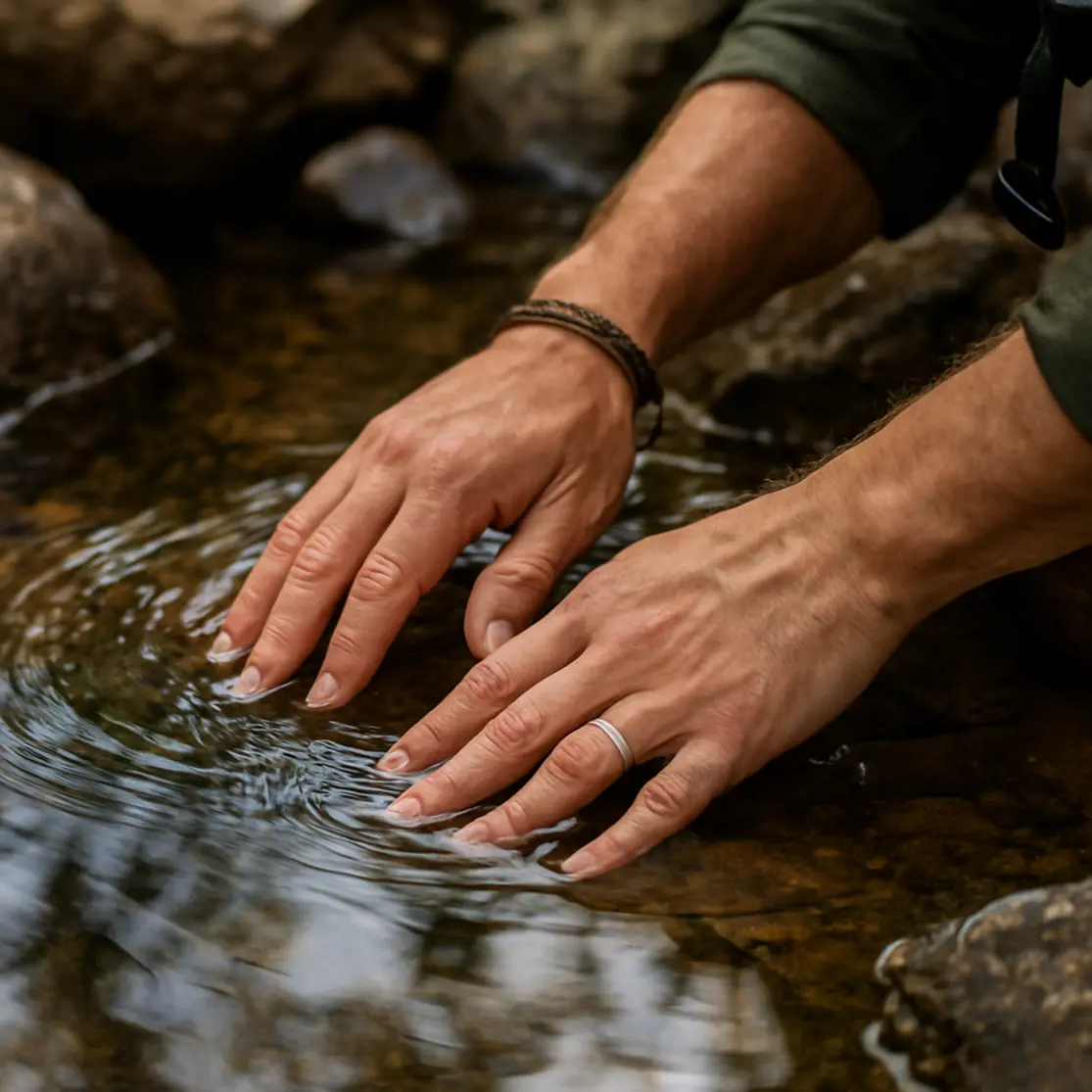 Mãos tocando água cristalina em poço natural na Chapada dos Veadeiros