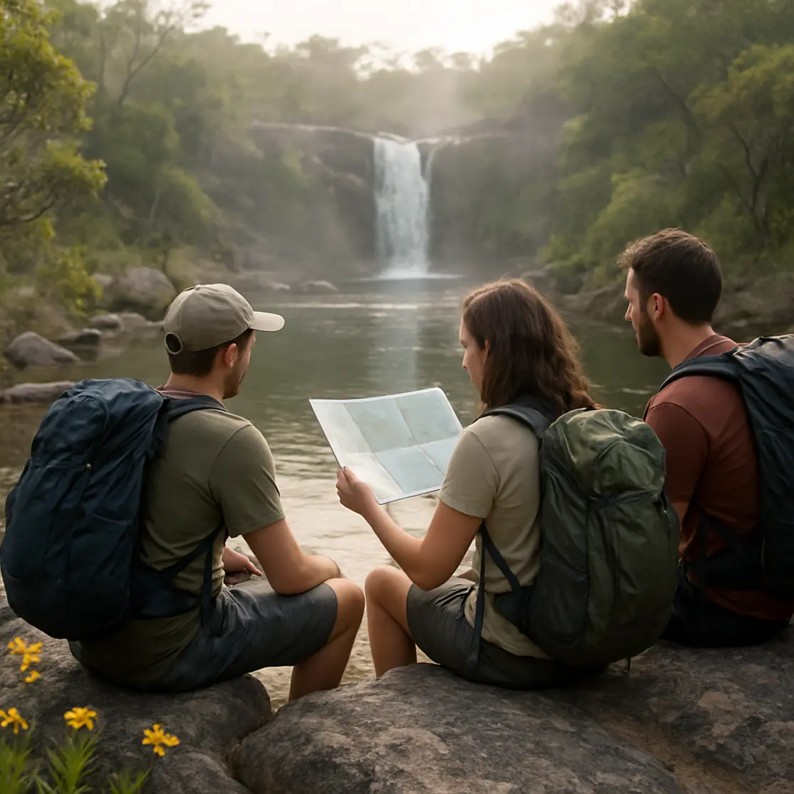 Grupo de viajantes sentado de perfil à beira de piscina natural com mochilas e mapa, vegetação e neblina da queda d'água