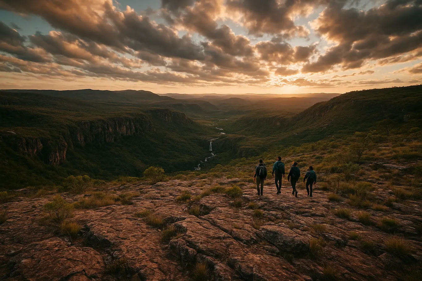 Panorama amplo de vales e cânions da Chapada dos Veadeiros com pequenos trilheiros ao longe