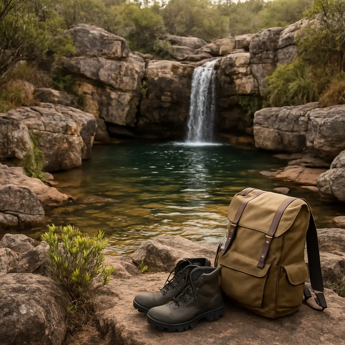 Piscina natural e queda d'água entre rochas de quartzo na Chapada dos Veadeiros, com mochila ao lado