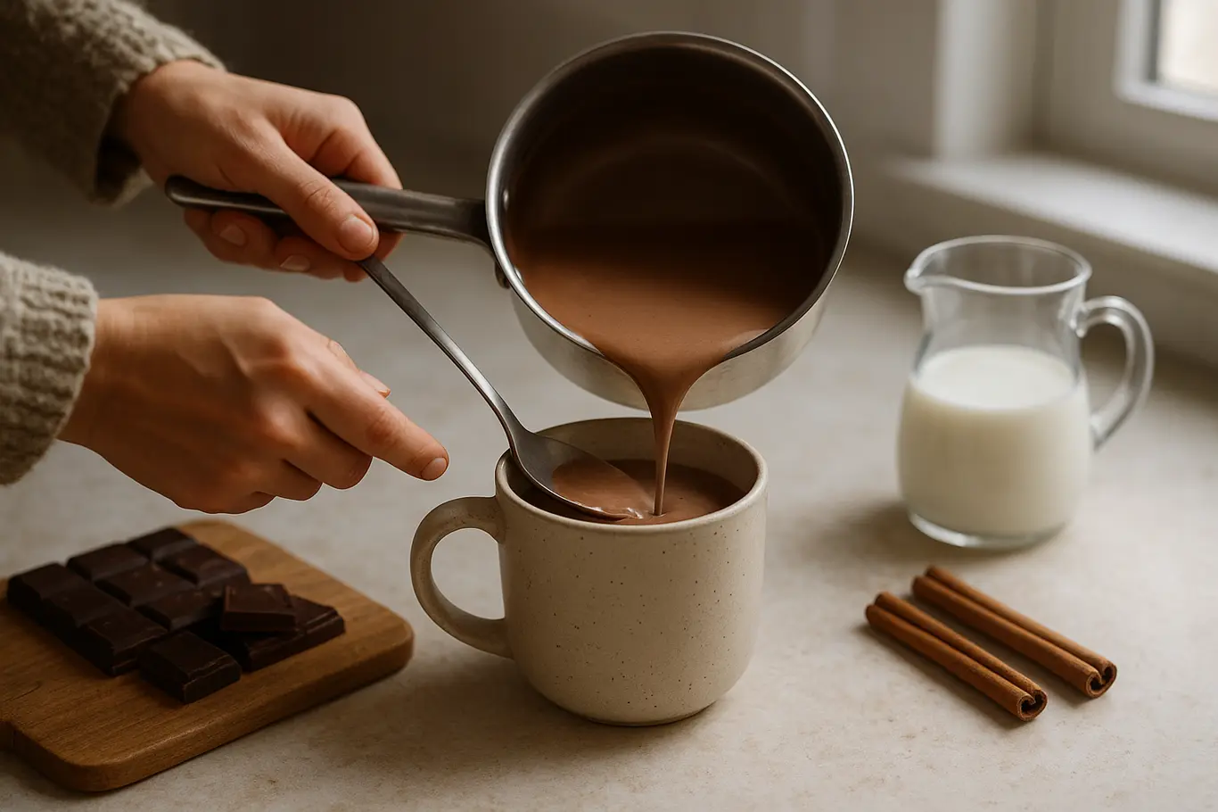 Plano médio do preparo do chocolate quente: panela despejando líquido cremoso na caneca, ingredientes ao lado.