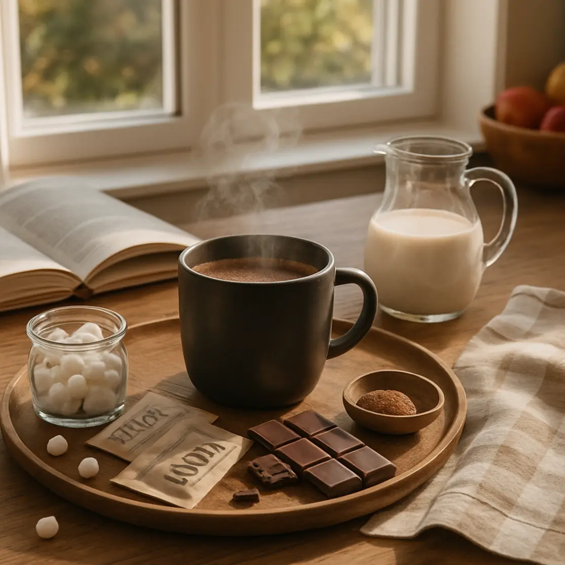 Cozinha ensolarada com bandeja e caneca de chocolate quente, ingredientes e livro de receitas ao redor.