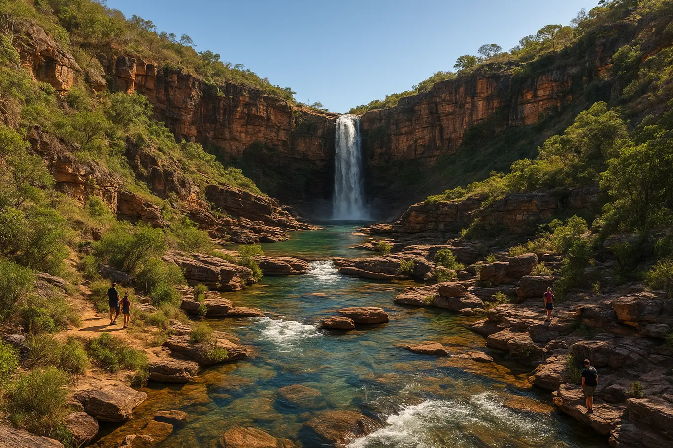 Vista ampla do cânion e piscinas naturais em Colinas do Sul com visitantes de costas explorando trilhas