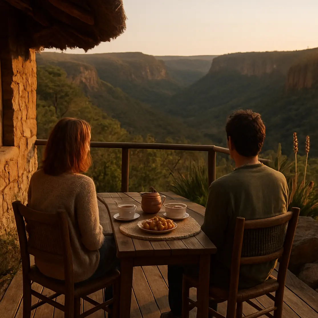 Deck de pousada rústica com vista para o vale do cânion em Colinas do Sul, duas pessoas de costas