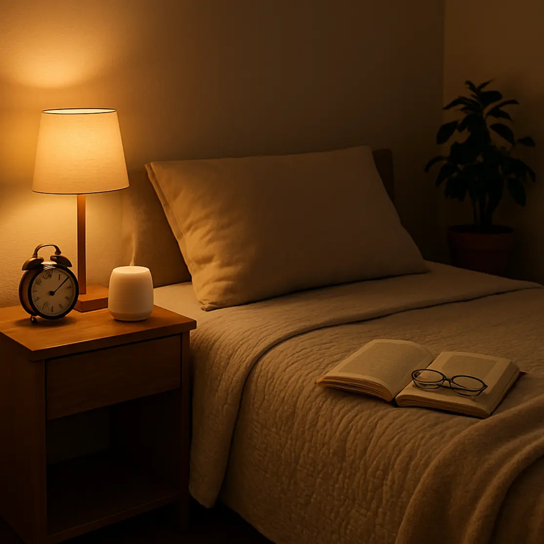 Quarto noturno organizado com cama, difusor, relógio analógico e iluminação cálida, ambiente propício para dormir.