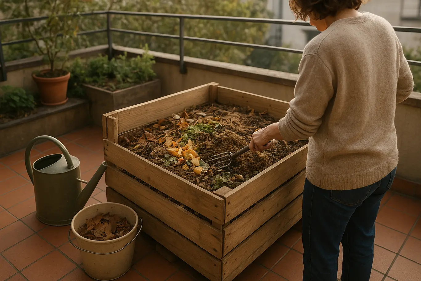 Área de compostagem em varanda com pessoa de costas mexendo o composto