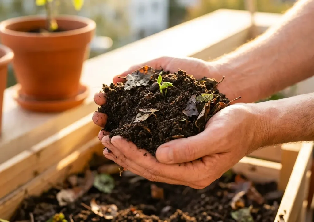 Como fazer compostagem em casa: 6 soluções para varandas e apartamentos Mãos segurando composto escuro com broto verde, varanda ao fundo