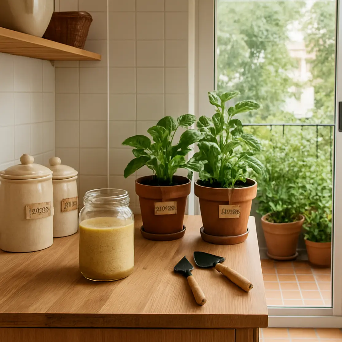 Cozinha com recipientes para compostagem e vasos com plantas adubadas