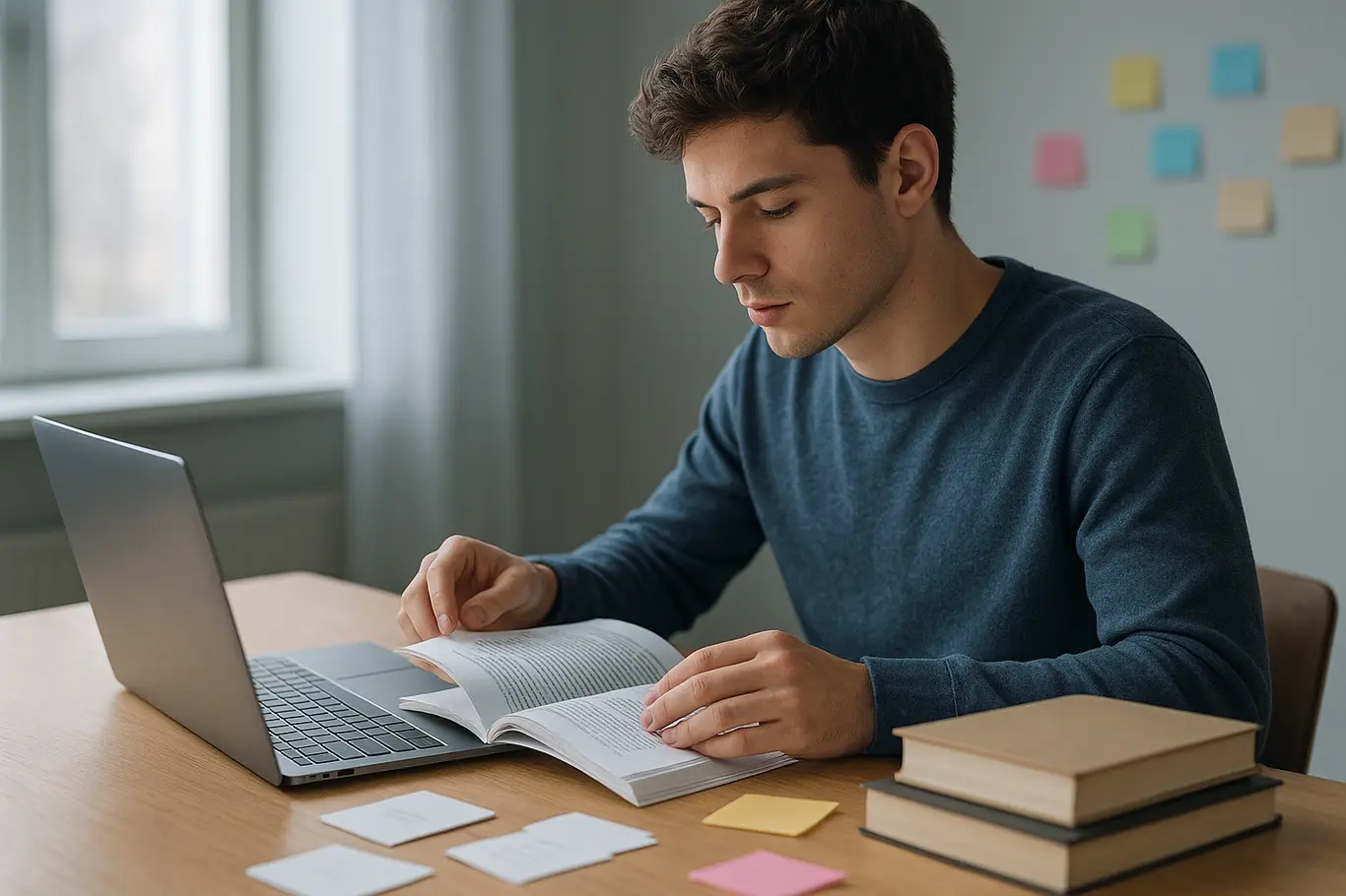 Plano médio lateral de estudante revisando apostila com laptop e fichas