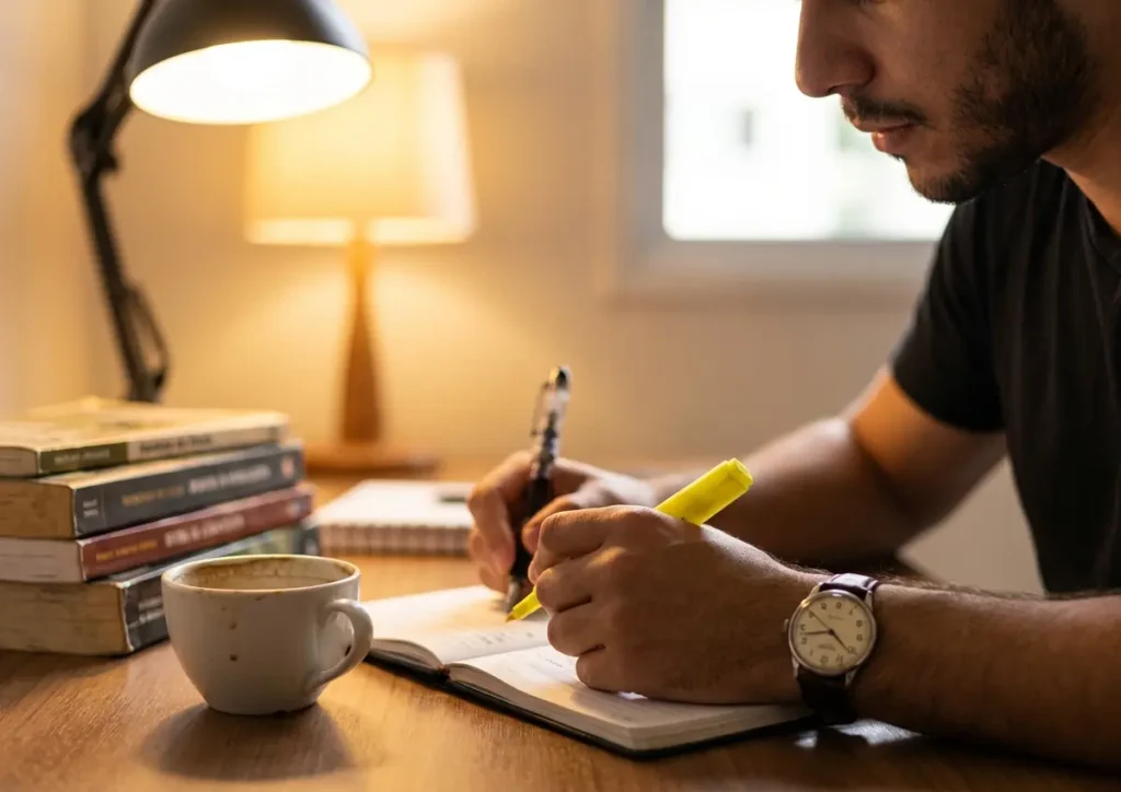 Close-up de concurseiro em 3/4 escrevendo em caderno, luz quente e marca-texto