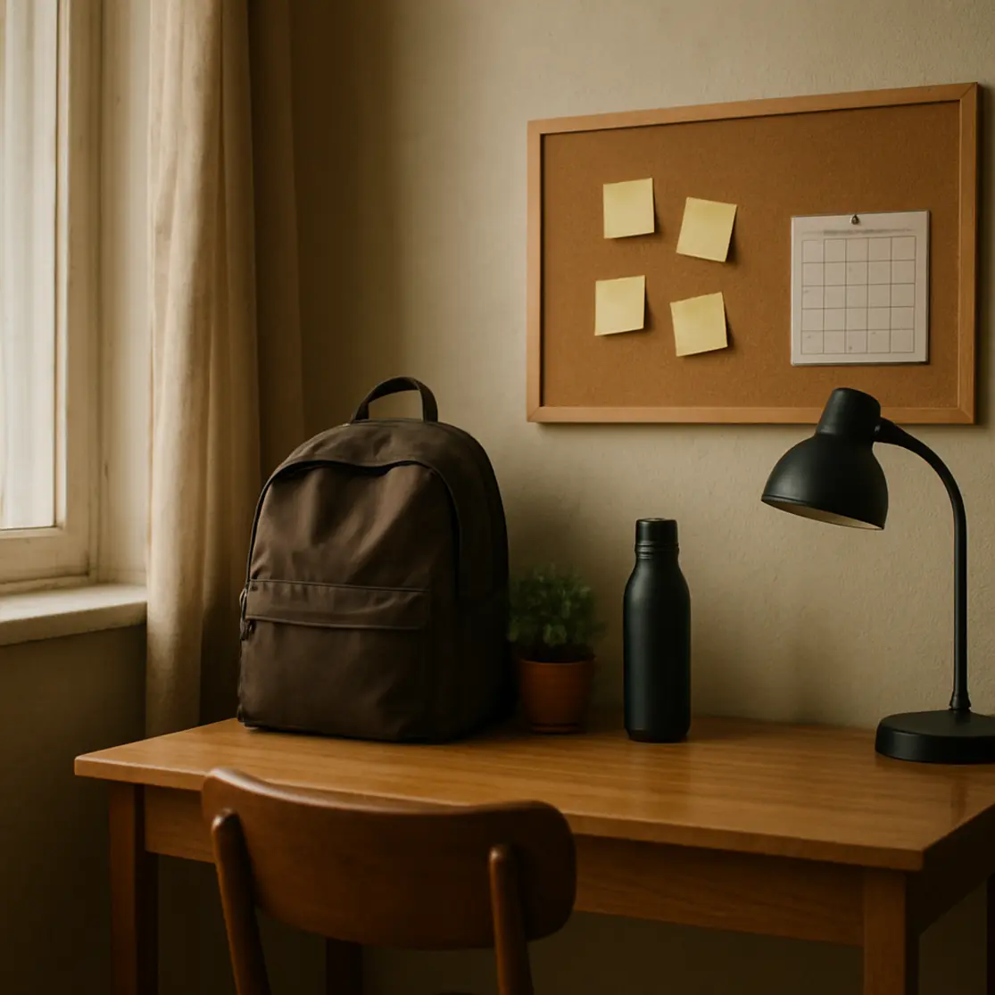Canto de estudo com escrivaninha, mochila e quadro de cortiça, luz matinal