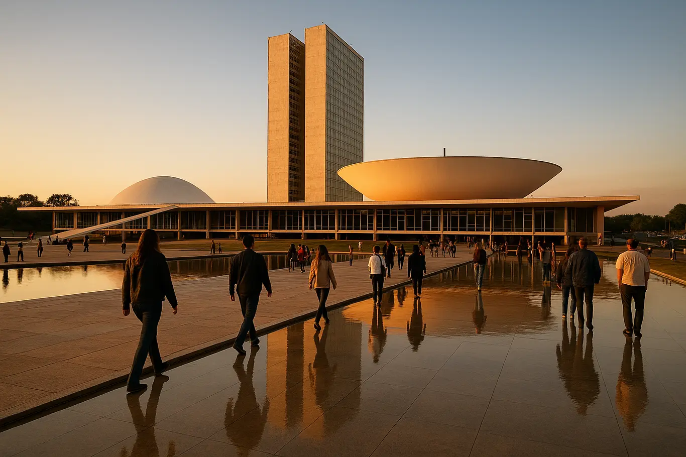 Fachada ampla do Congresso Nacional com visitantes ao entardecer.