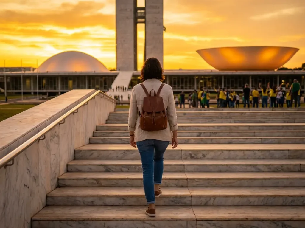Visitante de costas subindo as escadarias do Congresso Nacional ao pôr do sol.